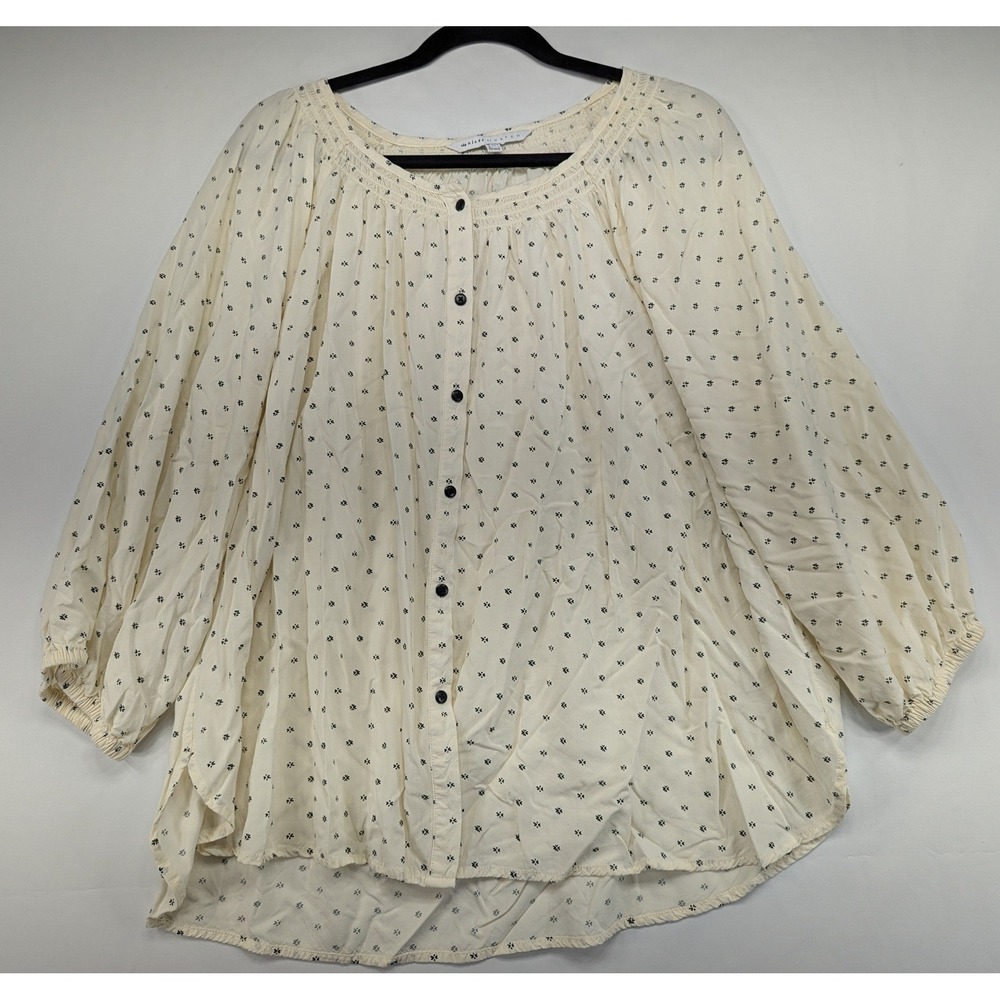 Nines By HATCH Cream Black Geometric Smocked Neck Billow Sleeve Rayon Top XXL